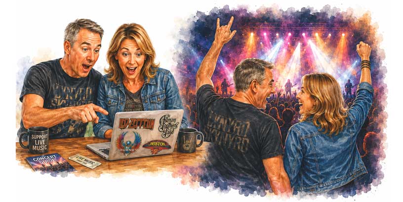 Couple discovering a Rockin' for Kids Concert Series show online before enjoying a live concert together.